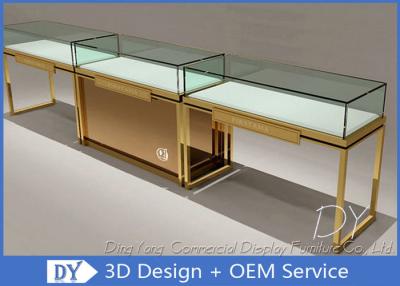 China Modern Gold Stain Steel Commercial Jewelry Display Cases With LED Gold + White Color for sale