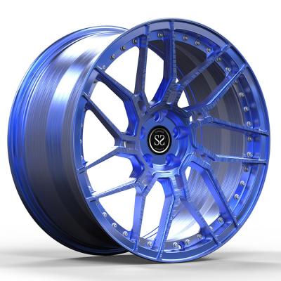 China Blue Brushed 1 Piece Forged Wheels Spokes Monoblock For Luxury Car Aluminum Alloy Rims for sale