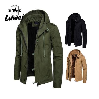 China Winter Windproof Thin Work Outwear Blank Utility Cardigan Buttons Long Drawstring Hooded Coat Trench Men Jacket for sale