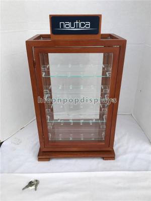 China Custom Wood Glass Spinning Rack Display Lockable Watch Display Case 4 Shelves for sale