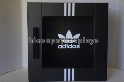China Footwear Shop Pop Merchandise Displays Black Wood Shoes Display Case With Brand Logo for sale