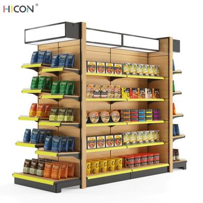 China Stable Customized Brown Wood Food Store Display Shelving for sale