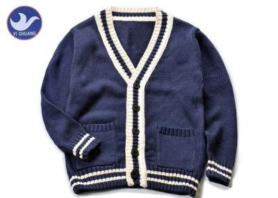 China Cotton Stripes Collar Boys Navy Blue Cardigan Sweater , Boys Knitted Cardigan for sale