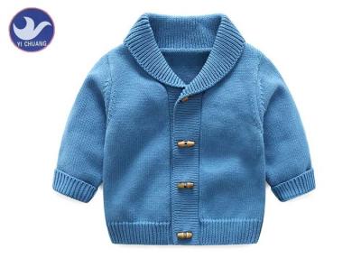 China Soft Shawl Collar Kids Knitted Cardigan , Boys Blue Cardigan Sweater Fake Horn Wood Button for sale
