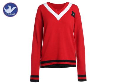 China Stripes V Neck Womens Knit Pullover Sweater Preppy Style Cat Patch Shool Uniform Young Girl for sale