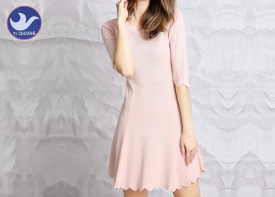 China Water Ripple Edge Pink Knitted Jumper Dress Half Sleeves Nipped Waist For Summer for sale