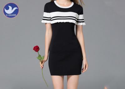 China Summer Crew Neck Short Sleeve Knit Dress Ruffle Stripes Pattern Anti - Shrink for sale