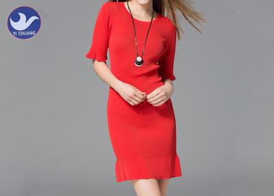 China Mini Red Womens Knitted Dresses , Cowl Neck Short Sleeve Jumper Dress Frill Edges for sale