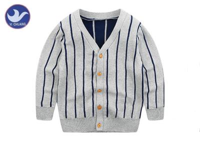 China Vertical Stripes Grey Navy Boys Knitted Cardigan Sweaters / Double Layer Kids Knitwear for sale