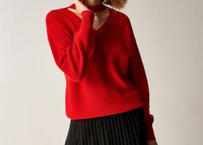 China Hollow V Neck Choker Womens Knit Pullover Sweater Red Acrylic Wool Red Jumper for sale