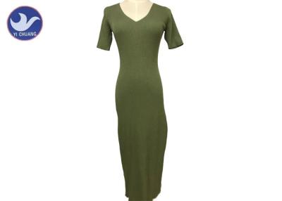 China V Neck Short Sleeves Summer Womens Knitted Dresses Green Ribs Design Viscose Nylon for sale