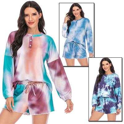 China Fashion Tie Dye Pajamas Two Piece Set Sleepwear Long Sleeve And Shorts Ladies Loungewear for sale