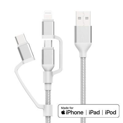 China 3 in 1 Lightning Micro USB type C Charging Cable, nylon braided, C89 MFi certified chipset for sale