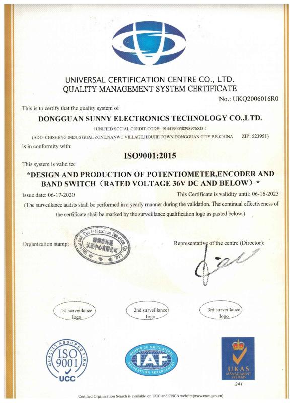 ISO 9001 Quality Management System Certificate - Dongguan SANNI Electronics Technology Co., Ltd.