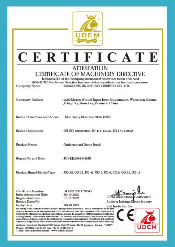 CERTIFICATE OF MACHINERY DIRECTIVE - Shandong Beijun Heavy Industry Co., Ltd.