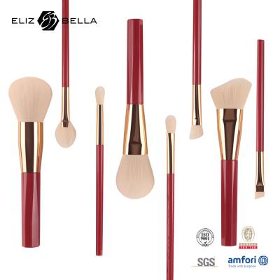 China Private Label 8 Piece Makeup Brush Set Red Plastic Handle Rose Gold Ferrule Synthetic Hair for sale