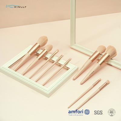 China Grupo de escova cosmético do punho de madeira de alumínio cor-de-rosa da escova da composição da virola à venda