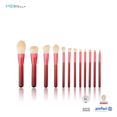 China OEM 12PCS Aluminum Ferrule Full Makeup Brush Set With Red Handle for sale