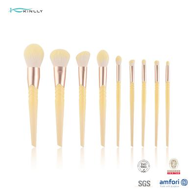 China Beveling Ferrule Luxury Makeup Brushes 10pcs Yellow Plastic Handle Synthetic Hair for sale