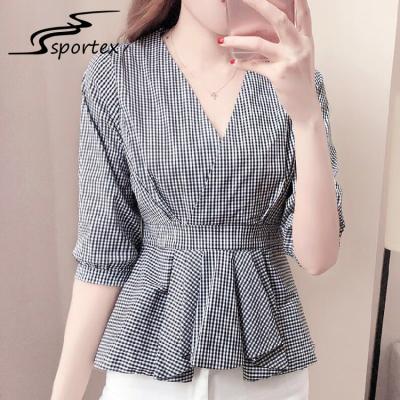 China Half Sleeves Ladies Shirts And Blouses High Waist Grey Plaid Women Blouse for sale