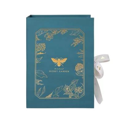 China Green Art Paper Book Cardboard Boxes With Ribbon Magnetic Perfume Gift Packaging for sale