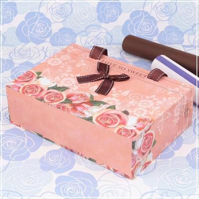 China Pink Art Paper Paperboard Gift Boxes With Ribbon Handle drawer box shape For Jelwelry Packaging for sale