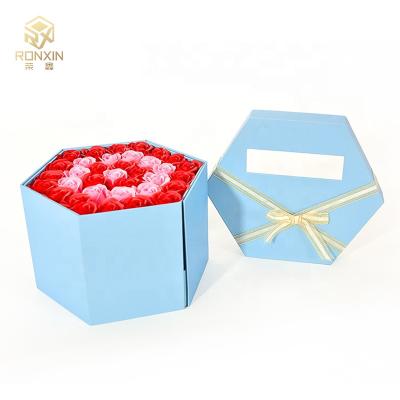 China Blue Hexagonal Paperboard Gift Boxes With Ribbon For Gift Packaging for sale