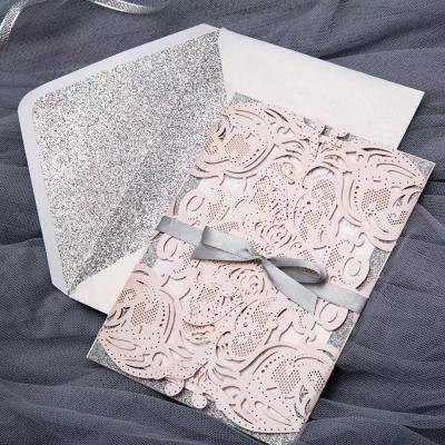 China High End Light Pink Laser Cut Wedding Cards For Family And Friends for sale