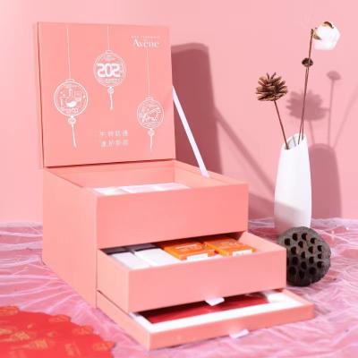 China Drawer Cosmetic Skincare Packaging Paper Pink 3 Layers Cosmetic Box for sale