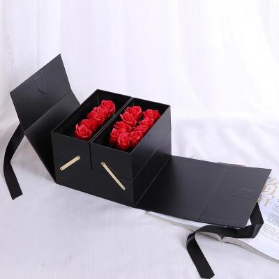 China 24X24X15cm Black Paper Bouquet Packaging Fold Flower Gift Boxes With Ribbon for sale