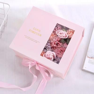China Pink Magnetic Wedding Favor Paper Packaging Gift Flower Box With PVC Window for sale