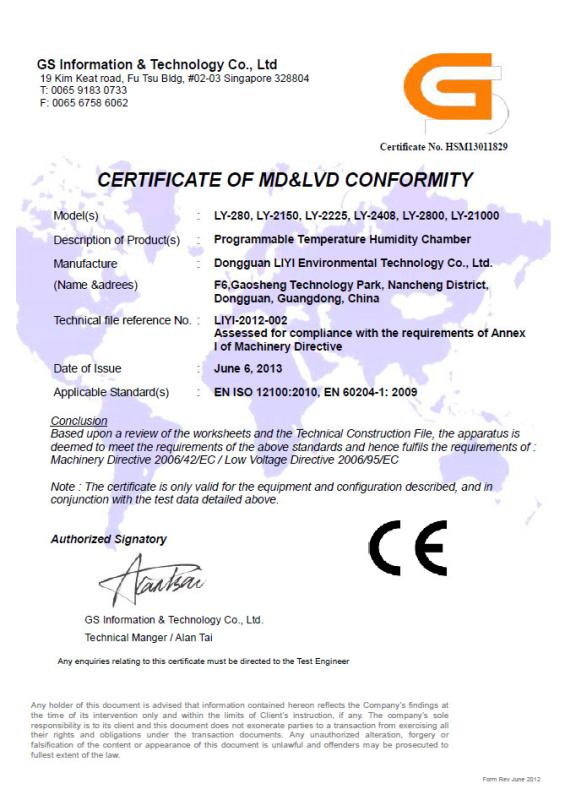 CERTIFICATE OF MD & LVD CONFIRMITY - Dongguan Liyi Environmental Technology Co., Ltd.