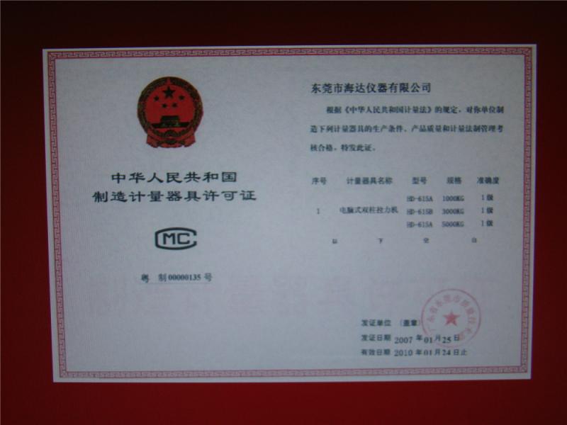 Manufacturing license - Dongguan Haida Equipment Co.,LTD