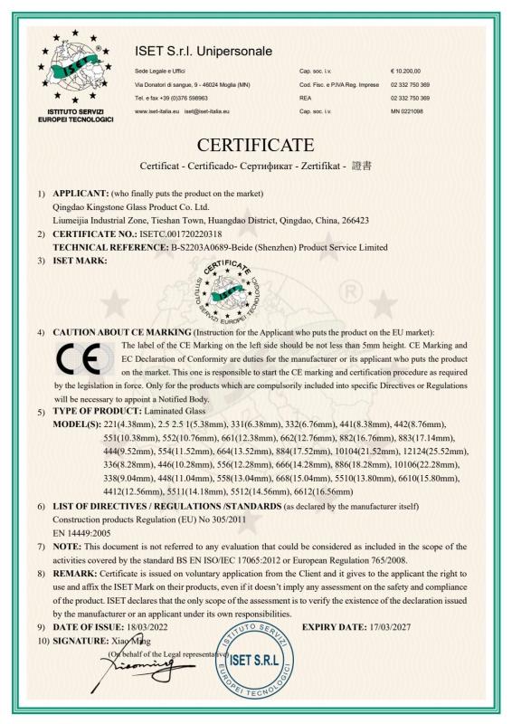 EURO CE CERTIFICATE - QINGDAO KINGSTONE GLASS PRODUCT CO.,LTD