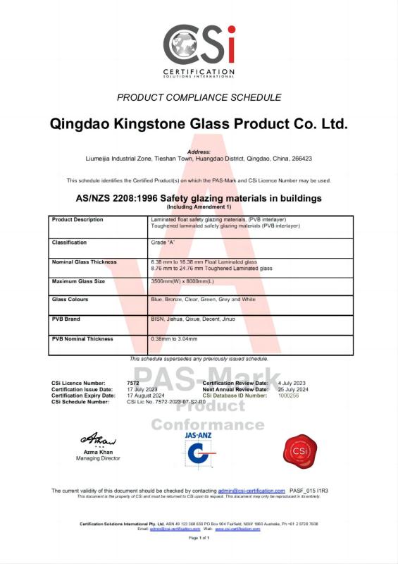 AUSTRALIA STANDARD AS/NZS2208 - QINGDAO KINGSTONE GLASS PRODUCT CO.,LTD