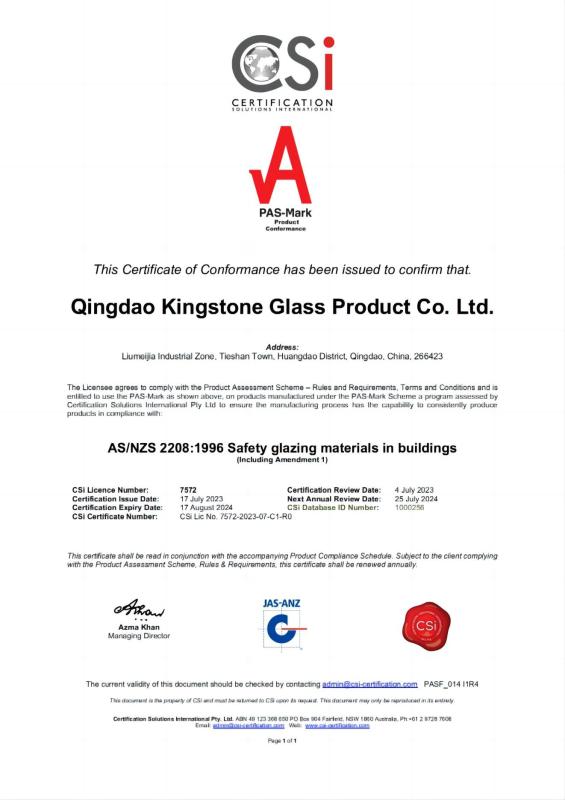 AUSTRALIA STANDARD AS/NZS2208 - QINGDAO KINGSTONE GLASS PRODUCT CO.,LTD