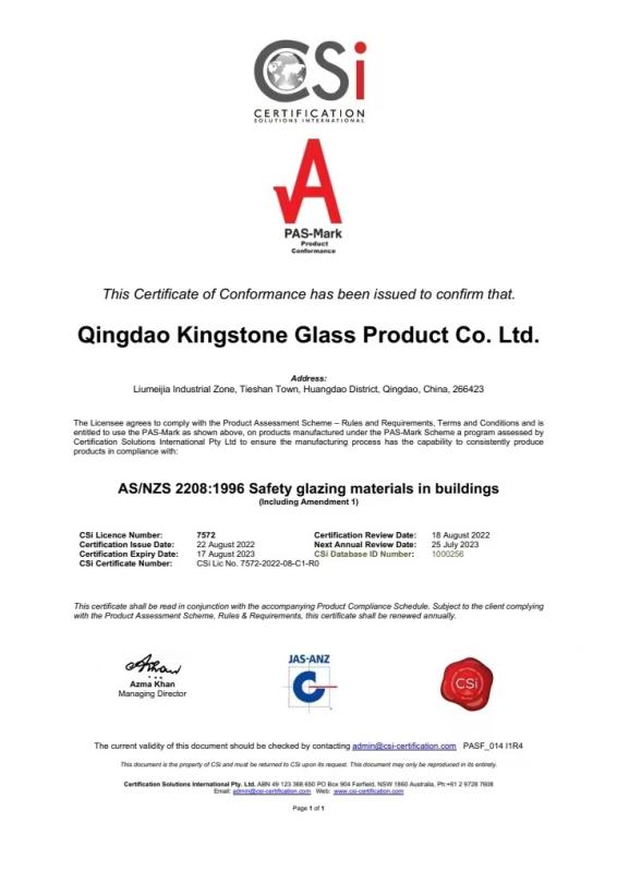 AUSTRALIA STANDARD AS / NZS2208 - QINGDAO KINGSTONE GLASS PRODUCT CO.,LTD