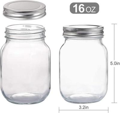 China 16oz  Round Glass Jar With Silver Metal Lids, Sealing Clear Glass Jars for sale