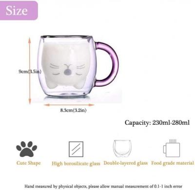 China O copo de vidro da parede do dobro do Borosilicate coloriu Cat Glass Cup com punho à venda