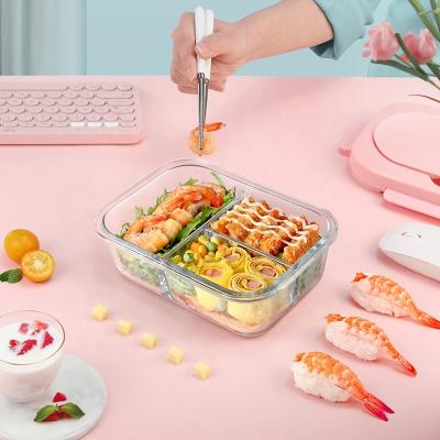 China 3 Compartments Glass Bento Box Heatable Leakproof Microwavable for sale
