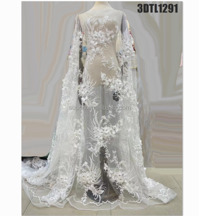 wholesale factory price  3d lace fabric bridal lace textile/ handmade 3d pearl lace for wedding dress