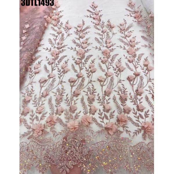 Quality Beautiful 3D flower glitter lace Pink French bridal wedding dress Turkish for sale