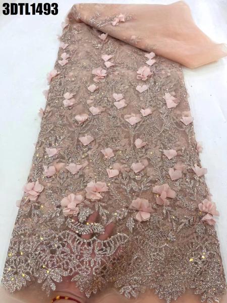 Quality Beautiful 3D flower glitter lace Pink French bridal wedding dress Turkish for sale