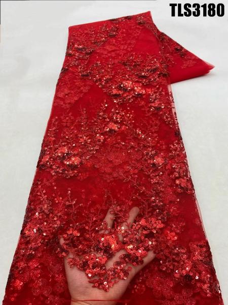 Quality New fashion rose red sequins embroidery lace fabric wedding dress mesh Ghana for sale