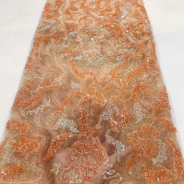 Quality Latest new designs hand beaded lace fabric tulle beaded lace fabric wholesale for sale