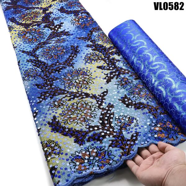 Quality 90 Yards Customizable African Tulle Velvet Lace Fabric for Blue Sequin Bridal for sale