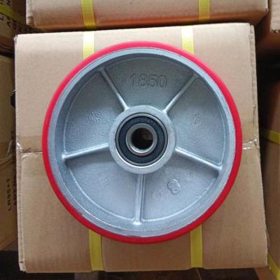 China 1850 Red Pallet Jack Wheels Double Ball Bearing Iron PU Pallet Truck Drive Wheels Wholesale for sale