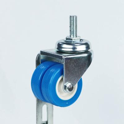 China 50mm Diameter Twin Wheel Casters Threaded Stem Blue PVC Light Duty Casters Low Profile for sale