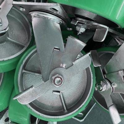 中国 6 Inch Green Soft PU Wheels Side Lock Cast Iron Polyurethane Swivel Caster Wheels Heavy Duty OEM 販売のため