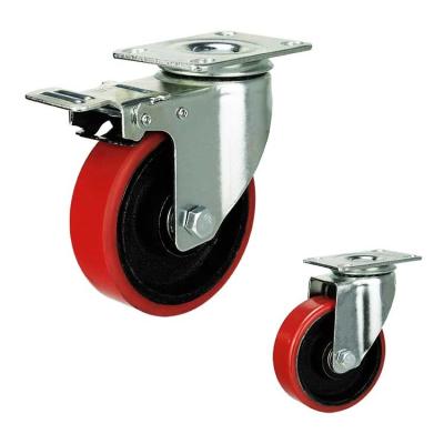 China Red Iron Core PU 100mm Medium Duty Casters With Dual Brake for sale